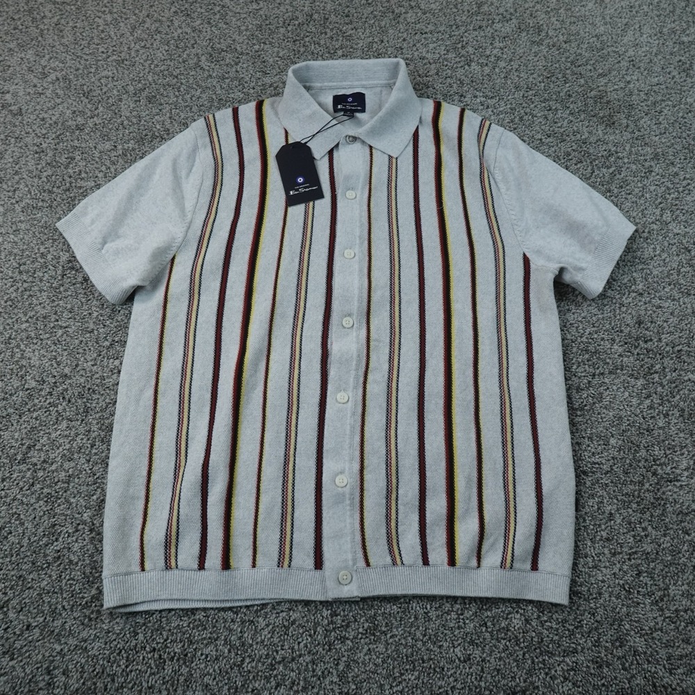 NEW Ben Sherman Sweater Mens M Ivory Striped Knit Button Up Polo Cardigan Top